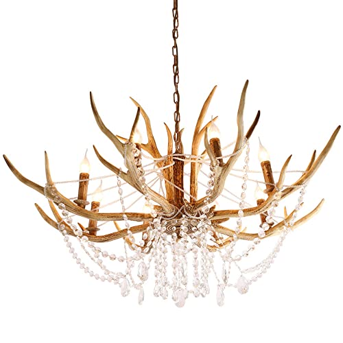 RAGGZZ 8-Lights American Country Antler Chandelier E14 Resin Light Clubhouse Crystal Hanging Lamp for Living Room Restaurant Clothing Store Villa Hotel Homestay Bedroom Study Cafe