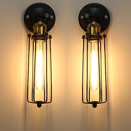 Two Packs Industrial Vintage Wall Light Tube Bulbs Rustic Adjustable Angle Wire Metal Cage Wall Lamp Sconces Retro Indoor Lighting Fixture Fit for Hallway Corridor Bedside