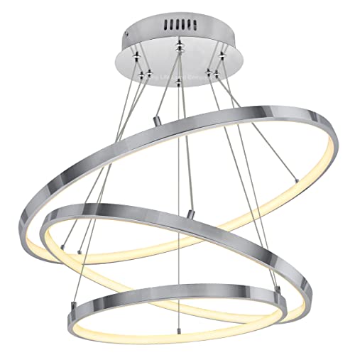 Long Life Lamp Company Futuristic LED Strip 3 Ring Pendant Light Chrome Warm White Ultra-Modern Ceiling Chandelier Round Suspended H3016