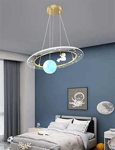 Ceiling Chandelier Lamp, Space Ship Kids Hanging Light Creative Cartoon Blue Planet Chandelier with Astronaut Dimmable Pendant Hanging Light Fixture for Boys Room, Kids Room