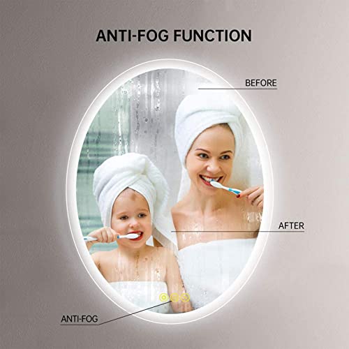 AI-LIGHTING Oval Bathroom Mirror LED Lighted Wall Mount Vanity Mirror with Dimmer Switch Backlit Bathroom Mirrors with LED Lights 50x70 cm Frameless Anti-Fog 3 Color tones