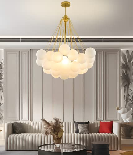 PPWW - 3 Color Light Mid-Century Bubble Chandelier, Gold Finish Glass Pendant Light Fixture for Dining Room Living Room, 37 Balls