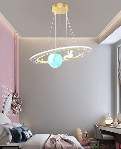 Ceiling Chandelier Lamp, Space Ship Kids Hanging Light Creative Cartoon Blue Planet Chandelier with Astronaut Dimmable Pendant Hanging Light Fixture for Boys Room, Kids Room