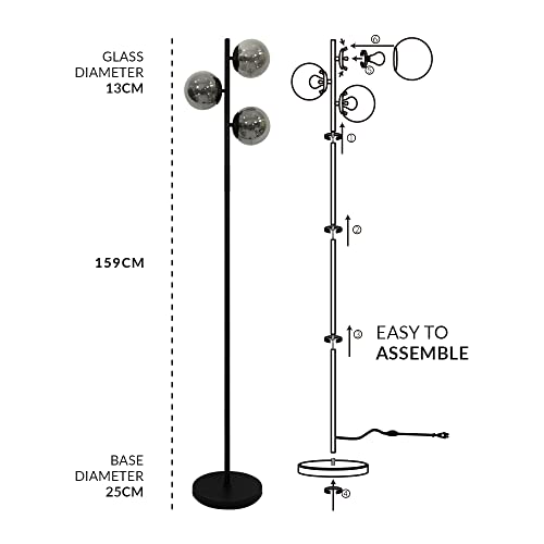 Neatfi 159CM Sphere Standing Single Pole Modern Floor Lamp, Warm Light Mode, 300 Lumens in Each 3 Glass Globes, 3000K Color Temperature for Living Room, Bedroom, and Home Office (Black)