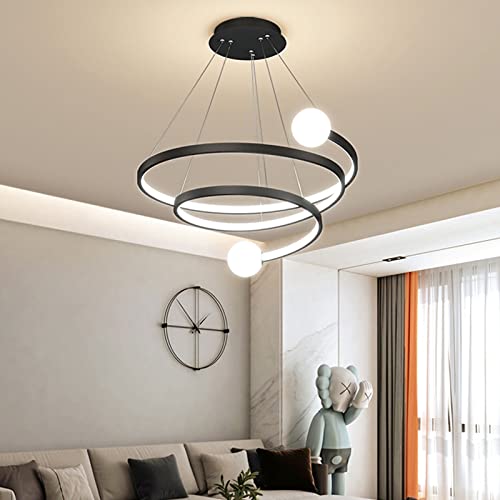 HvKvHvY Modern LED Chandelier 3 Rings Pendant Light Round Metal Body with Acrylic Shade Linear Chandeliers Ceiling Light for Dining Room,Bedroom,Living Room,Restaurant,Office (White)