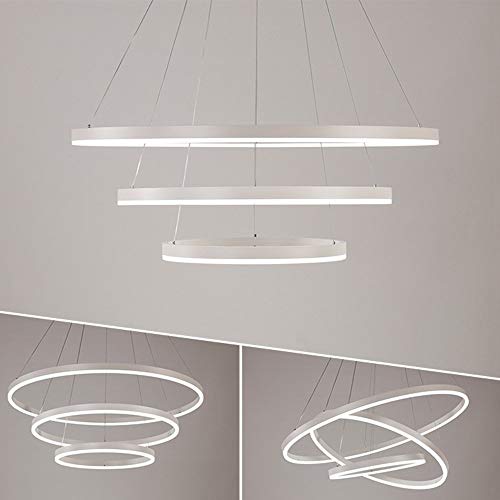 Modern LED Pendant Light, 3 Rings Collection White Paint, Adjustable Hanging Light Chandelier Contemporary Ceiling Light, Dimmable 2700K - 6500K, with Remote Control - 78W