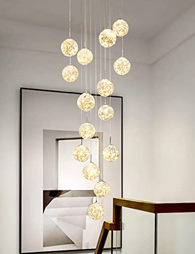 AAOTE Modern Simple Spiral Staircase Chandelier Crystal Light Shade Ceiling Balls Glass Bubble Lamp Large Pendant Light Fixtures for Living Room Hallway Duplex Hanging Lights,15 Balls,Champagne Gold