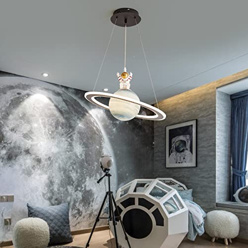 LED Pendant Light for Children's Room, 72W Ceiling Light dimmable Creative Earth Astronaut Design Kids Lamp Girls Boys Bedroom Hanging Lamp, Height Adjustable Modern Chandelier, 48cm