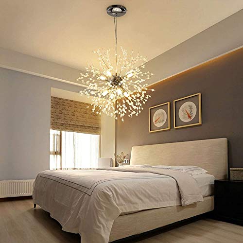 Modern Firework Chandeliers Dandelion Pendant Light, 8 Lights G9 Lamps Alloy Fixtures - with Bulb and 32 Strings Crystal, for Living Room, Bedroom, Dining, Foyer, Hallway, Shop (Chrome, Cold Light)