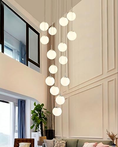 RAGGZZ 15 Glass Balls Staircase Chandelier Long Light White Milk Glass Bubble Chandelier Chrome Farmhouse Gold Ceiling Large Hanging Chandelier for Living Room Foyer Hallway Entryway/Chrome/Tricolor D