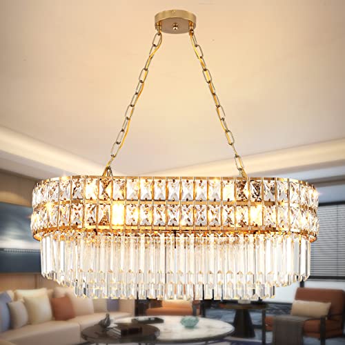 AOOCHOK Modern Crystal Chandelier Gold Finish Light Fixture, Oval Crystal Pendant Light Hanging Lamp, for Living Room, Dining Room, Restaurant, E14 x 8, 75 x 33cm