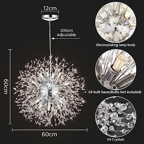 Qamra Modern Chrome Crystal Chandelier,16-Light Firework Pendant Dandelion Chandeliers Sputnik Lights Ceiling for Dining Room, Bedroom, Entry, Kitchen, Living Room