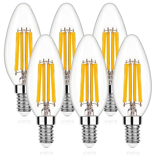 Genixgreen E14 Dimmable LED Bulb,Candle Bulb Small Screw 60W-80W Equivalent, SES 6.5W LED Filament Light Bulb, Warm White 2700K,806LM,Decorative Light Bulbs Retro Clear Glass-6 Pack