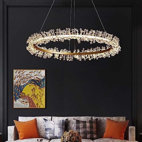 SYUFRE Gold Modern Led Pendant Light Lighting Fixture Modern Crystal Chandelier Lighting, Dimmable 1 Ring LED Ceiling Lights Fixtures High Ceiling Foyer Chandelier for Living Room Dining Room Stairca