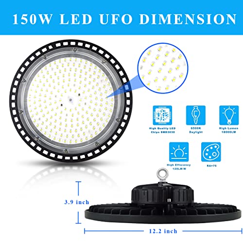 150W UFO LED High Bay Light Industrial Lamp Commercial Area Lighting Fixture AC85-265V 18000LM Daylight White 6500K LED Shop Lights Commercial Lighting Fixture for Workshop Factory Warehouse Garage