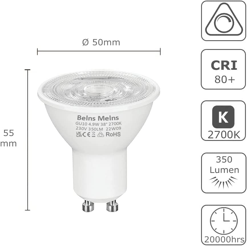 GU10 LED Bulbs Dimmable, Warm White 2700K, 50W Halogen Spotlight Replacement, 4.9W Dimmable GU10 LED Bulbs, 220-240V 350lm 38° Narrow Beam Angle - Pack of 10