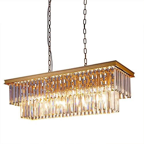 Wellmet 9-Light Crystal Chandelier 34.5 inch, Contemporary Modern Chandeliers Adjustable for Living Room, Dining Room, Pool Table Light, Kitchen Island Lighting (Gold, 34.5 inches)