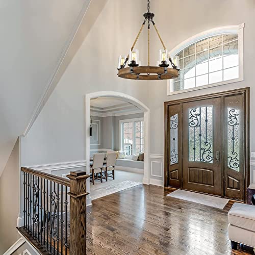 Farmhouse Chandelier Light Fixture, Wagon Wheel Chandelier Wood, Rope Wood Chandelier with Seeded Glass Shade, Antique Lighting Fixtures Ceiling