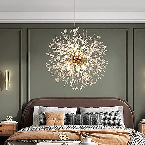 Qamra Modern Gold Crystal Chandelier,12-Lights Firework Pendant Dandelion Chandeliers Sputnik Lights Ceiling for Dining Room, Bedroom, Entry, Kitchen, Living Room