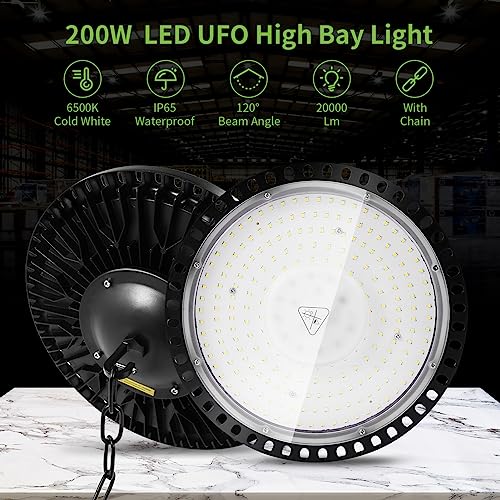 10 Pack 200W LED UFO High Bay Light 6500K Daylight White 20000LM Workshop Lighting IP65 Waterproof Ultra Thin Commercia Shop Industrial Lamp Area Lights Fixtures With 50cm Chain For Workshop Factory