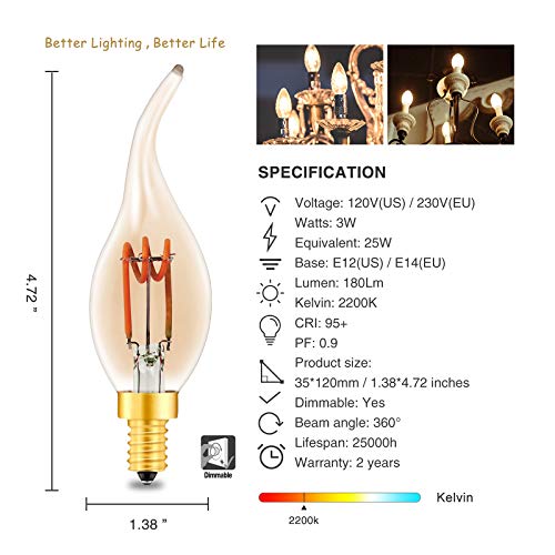 Beilf Dimmable LED Edison E14 Candle Light Bulb Flame Tip C35T, Non Flicker, Amber Glass Warm White 2200K, Spiral Filament LED 3 Watt Vintage Style, 25W/40W Replacements, High CRI95, 6 Pack