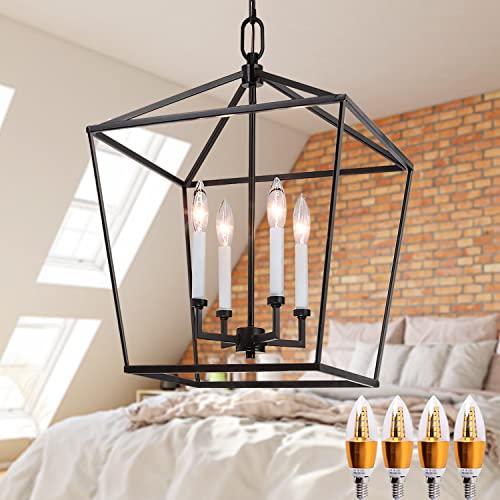 Pendant Lantern Light 4-Light Metal Cage Industrial Chandelier, Vintage Ceiling Lighting Fixture for Farmhouse Kitchen Island Foyer Hall Dining Room, Brushed Nickel (Color : Black)