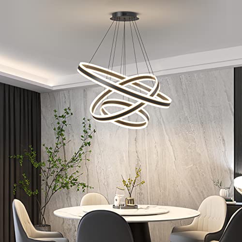 Mikeru Modern Circular Led Pendant with Remote Control 0.1%-100% Dimmable, Pendant Lights for Kitchen Island Hanging Black 40+60+80CM(Without Batteries)