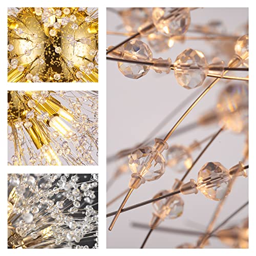 Qamra Modern Gold Crystal Chandelier,12-Lights Firework Pendant Dandelion Chandeliers Sputnik Lights Ceiling for Dining Room, Bedroom, Entry, Kitchen, Living Room
