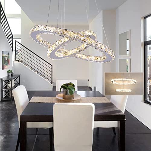 XEMQENER Dimmable Crystal Chandelier Light with Remote Control, 2 Heigh Adjustable Rings, 63W LED Ceiling Pendant Light for Bedroom Living Room Bar Hotel Restaurant(Ø40+Ø60cm, 3000k-6000k)