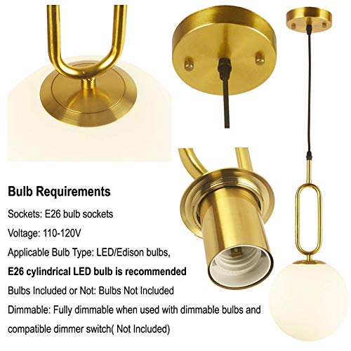 BAODEN 1 Lights Modern Globe Pendant Light Fixture Set of 2 Mid Century Chandelier Brushed Brass Finished with White Globe Glass Lampshade Living Room Bedroom Dining Lighting (Gold)