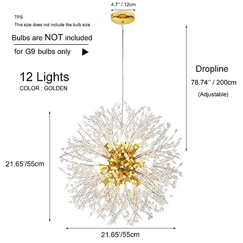 Qamra Modern Crystal Chandelier, Fireworks Dandelion Sputnik Chandelier Light Pendant Lamp for Bedroom, Living Room, Dining Room (12 Lights, Gold)