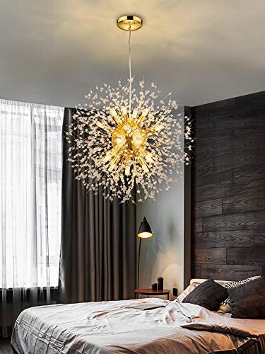 Qamra Modern Gold Crystal Chandelier, 16-Light Firework Pendant Dandelion Chandeliers Sputnik Lights Ceiling for Dining Room, Bedroom, Entry, Kitchen, Living Room