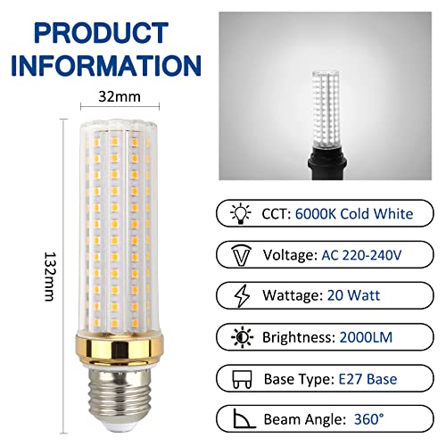 Akynite E27 LED Bulbs 20W Cool White 6000K, 2000LM, 88 LEDs, Equivalent to E27 150W Incandescent Bulbs, E27 ES Screw LED Corn Bulbs for Floor Lamp Ceiling Lamp, Not Dimmable, Pack of 4