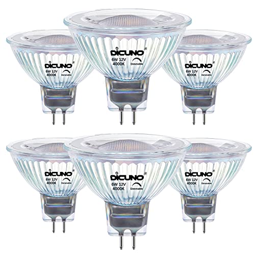 DiCUNO MR16 LED Bulbs Dimmable GU5.3 Spotlight Bulb, 12Volt, 6W 60W Halogen Equivalent, 4000K Natural White, 650LM, 40-Degree Bi-Pin Base Track Light, 6 Packs