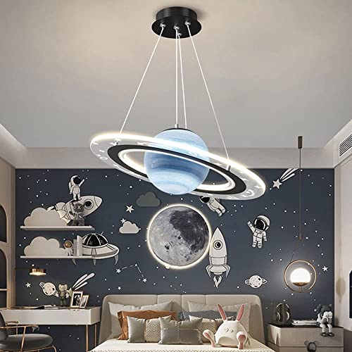DLSixYi LED Modern Planets Pendant Light with Halo, 1-Ring Chandeliers Fixture Metal Creative Glass Ceiling Hanging Lamp for Kids Room Boys Girls Bedroom Nursery