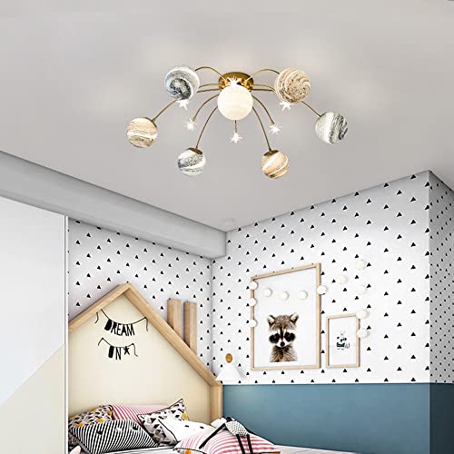 MayNuo Nordic Creative Led Space Planet Ceiling Chandeliers Kids Room Bedroom Flush Mount Ceiling Lamps Warm and Romantic Glass Lustre Decor Ceiling Lighting Fixture/Tricolour Light