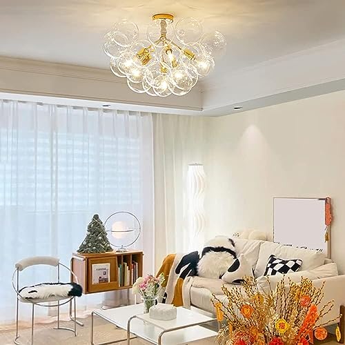 ISSPTYB Clear Glass Globes Ceiling Light Gold Ball Cluster Bubble Pendant Chandeliers Nordic Hanging Modern Close to Ceiling Light Fixtures for Dinning Room Living Room Bedroom Entrance Foyer