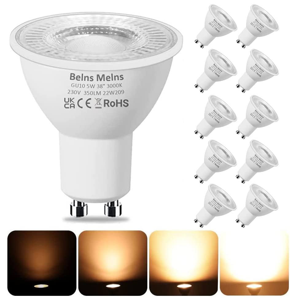 GU10 LED Bulbs Dimmable, Warm White 2700K, 50W Halogen Spotlight Replacement, 4.9W Dimmable GU10 LED Bulbs, 220-240V 350lm 38° Narrow Beam Angle - Pack of 10