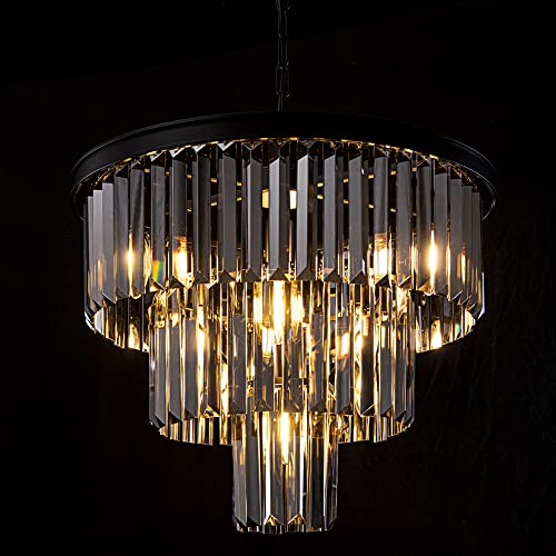 Wellmet 20inch Smoked Black Crystal Chandelier, 3-Tier Contemporary Modern Bathroom Chandelier, 7-Light Adjustable Hanging Pendant Ceiling Light for Bedroom, Entryway, Dining Room, Foyer, Kitchen