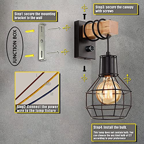 Glighone Industrial Wall Lamp Indoor Cage Wall Lights E27 Vintage Industrial Wall Light with Switch Retro Wooden Wall Lamp Dimmable Black Suitable for Living Room Kitchen Bedroom