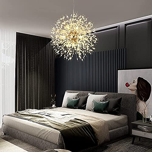Modern Firework Chandeliers Dandelion Pendant Light, 8 Lights G9 Lamps Alloy Fixtures - With Bulb and 32 Strings Crystal, for Living Room, Bedroom, Dining, Foyer, Hallway, Shop (Gold, Warm Light)