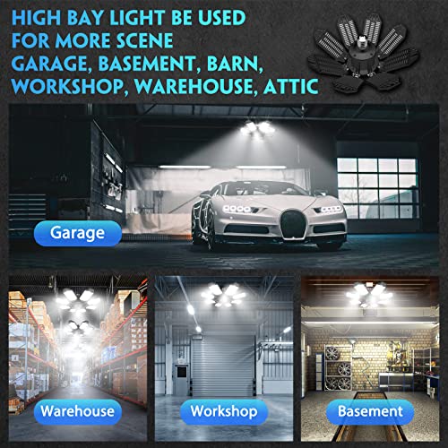 DEEIRAO LED Garage Light, 260W 26000LM 6500K Deformable LED Garage Ceiling Light with 8+1 Adjustable Panels Commercia Bay Light for E26/E27 Screw Socket,Basement,Barn,Workshop,Attic (2 Packs)