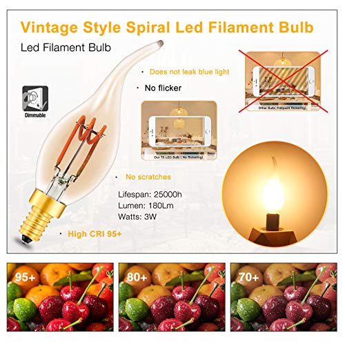 Beilf Dimmable LED Edison E14 Candle Light Bulb Flame Tip C35T, Non Flicker, Amber Glass Warm White 2200K, Spiral Filament LED 3 Watt Vintage Style, 25W/40W Replacements, High CRI95, 6 Pack