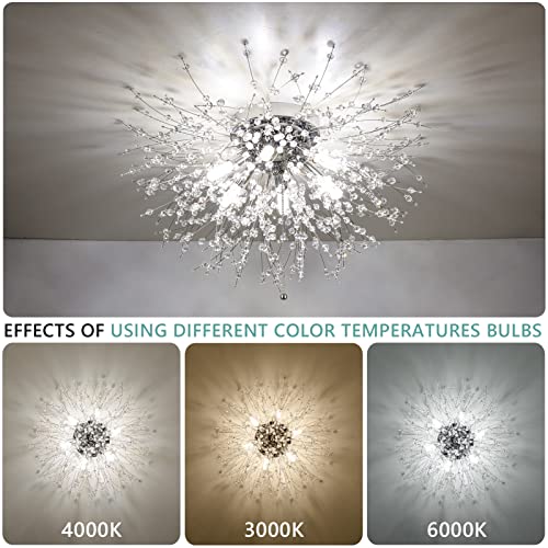 Rayofly Modern Chandeliers Ceiling Light, 6-Lights Crystal Ceiling Lights Living Room, Fireworks Flush Ceiling Light with Pull Cord Switch, Ceiling Lights for Bedroom Dining Room Kitchen Hallway, G9