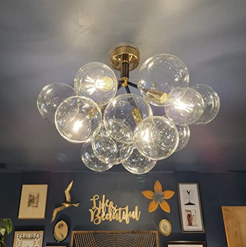 PPWW 3-Light Ceiling Light Fixture with 9 Round Heads, Clear Glass Balls, Bubble Shape Ceiling Light Fixture
