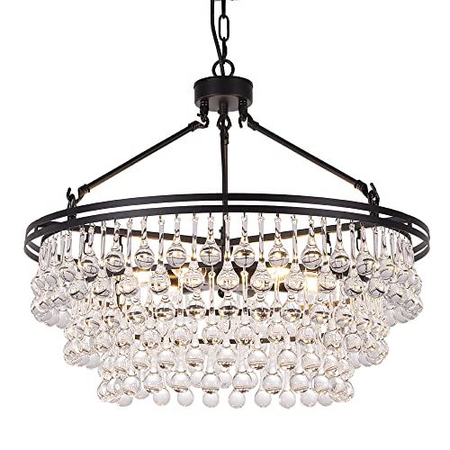 Tochic Black Crystal Chandelier 24 inch, Modern Farmhouse Light Fixtures Ceiling Hanging Crystal Pendant Lighting for Dining Room, Kitchen Island, Living Room, Bedroom, 3 Tiers