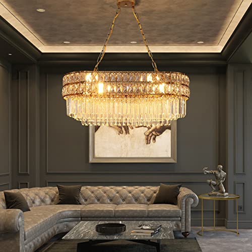 AOOCHOK Modern Crystal Chandelier Gold Finish Light Fixture, Oval Crystal Pendant Light Hanging Lamp, for Living Room, Dining Room, Restaurant, E14 x 8, 75 x 33cm
