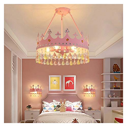 Yaoqshu Chandelier Light Shades Ceiling Creative Kids Girls Bedroom Chandelier Lighting Crystal Pendant Gold Pink Princess Crown Childern Room Ceiling Hanging Lamp LED