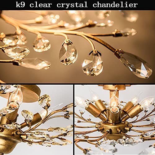 Ganeed Vintage K9 Clear Crystal Chandeliers,Ceiling Lighting,Pendant Lighting Flush Mounted Fixture with 4 Light for Living Room Dinning Room Restaurant Porch Hallway (Gold)