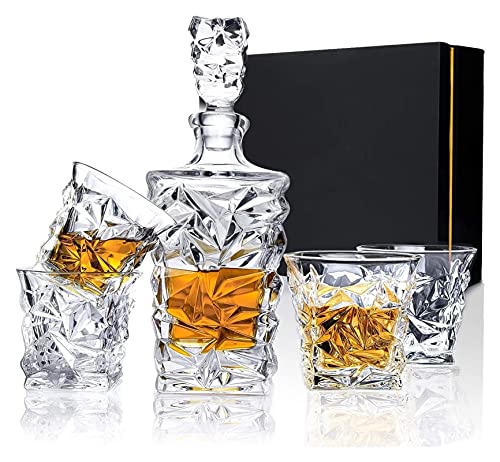 TEMKIN decanter Whiskey Decanter Set with Glasses, Crystal Liquor Decanter Set with 4 Glasses in Premium Box, Bourbon Whiskey Decanter Sets for Men, Whiskey Drinking Glass for,Cocktail,Vodka Whisky an